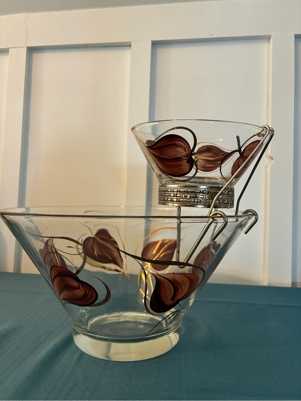 Vintage MCM Enchantware Glass Chip and Dip Bowl Set Brown and Gold Handpainted